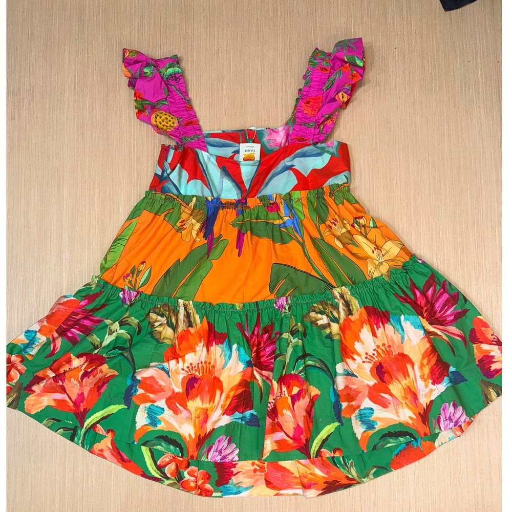 Farm Rio Foliage Mix Mini Dress Tropical Floral Ruffle Tiered Cotton XL $198 NWT - Picture 7 of 9